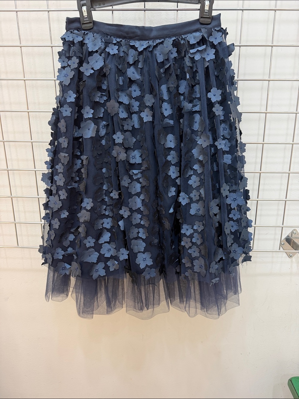 Eva Franco Navy 3D Floral Appliqué Tulle Midi Skirt